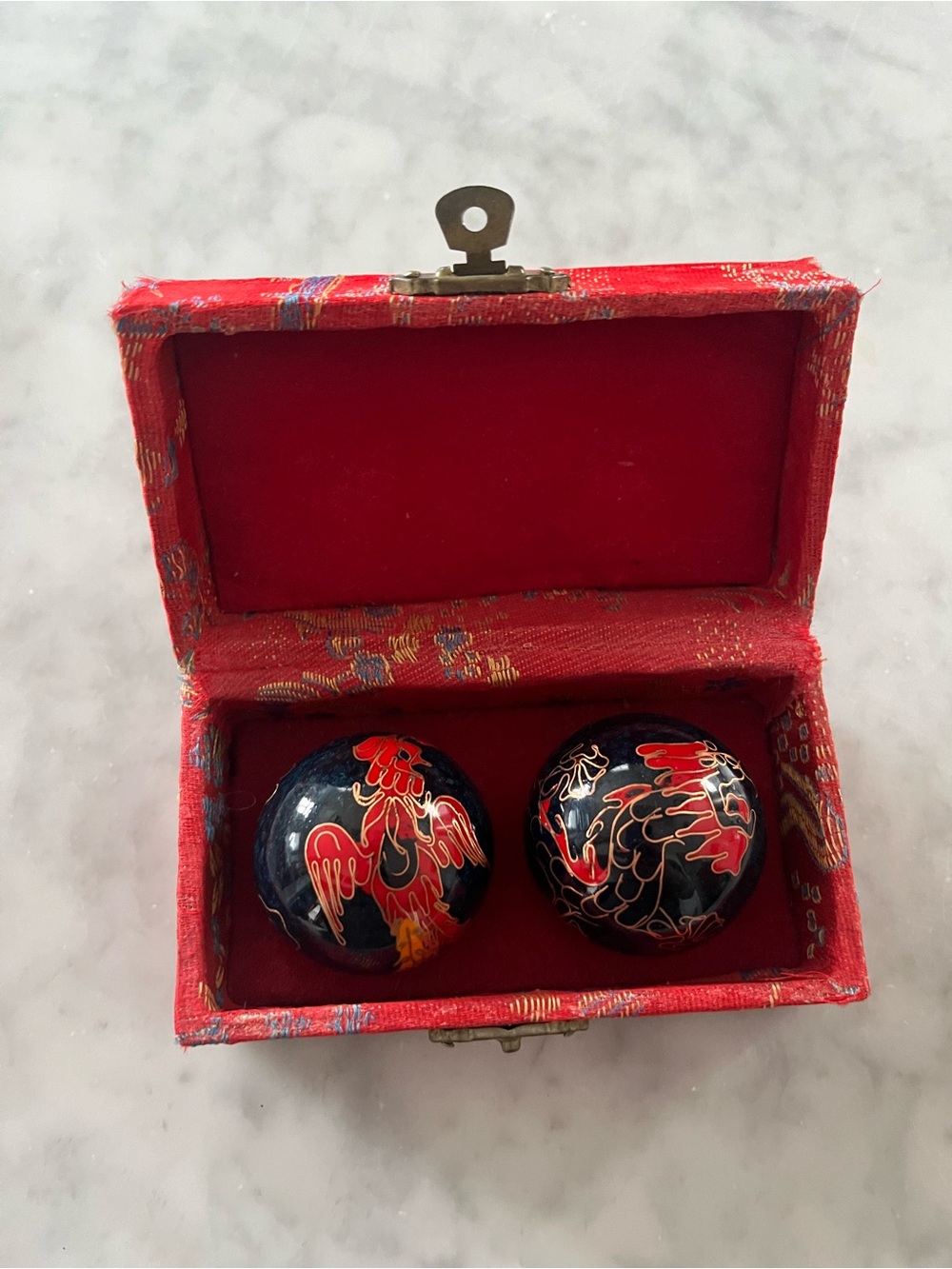 Vintage 1990s Decorative Red and Black Cloisonné Baoding Balls in Red Silk Box